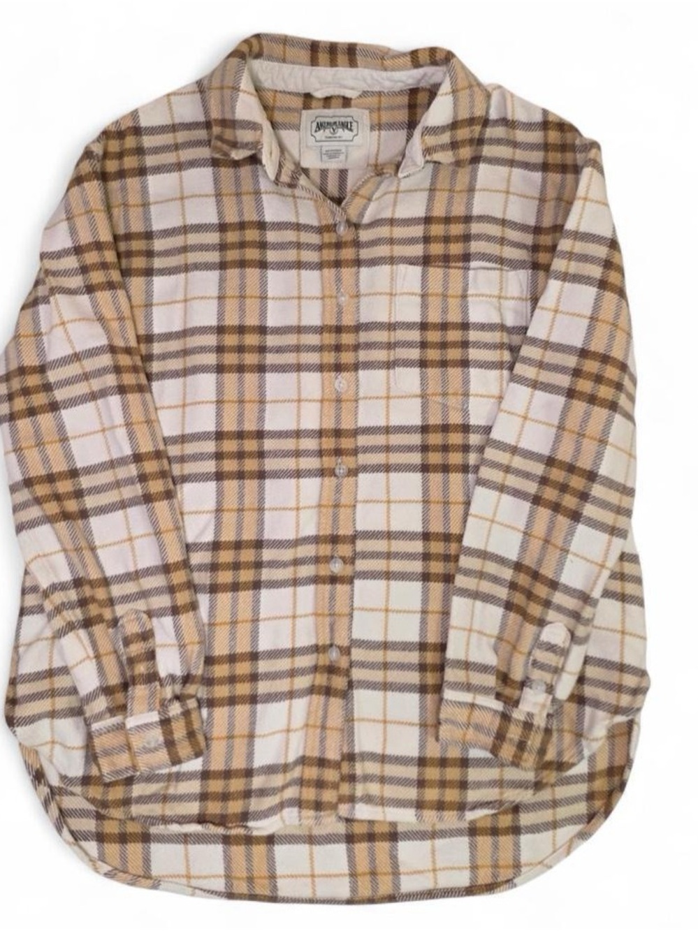 American Eagle Outfitters Oversized Plaid Flannel Shirt Cream Tan Brown XS